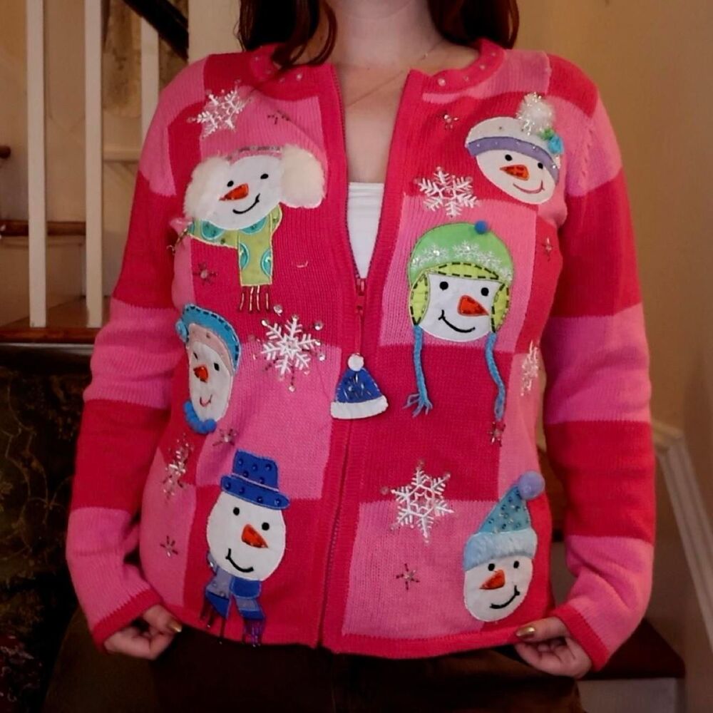 Tiara International Christmas Cardigan Medium Zip Up Pink Checkerboard Snowman